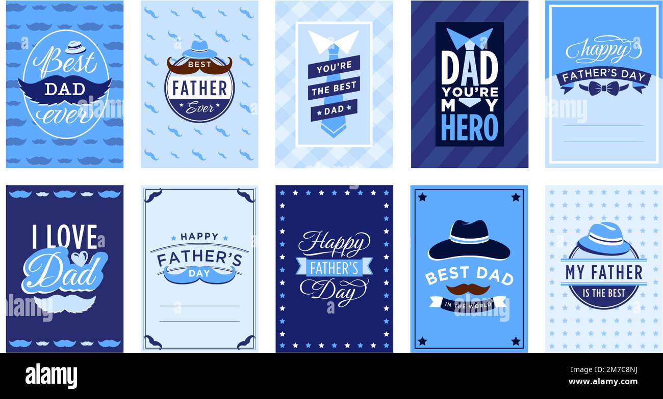 Father Day greeting card. Best dad ever badge, happy fathers day congratulation lettering vintage vector set Stock Vector