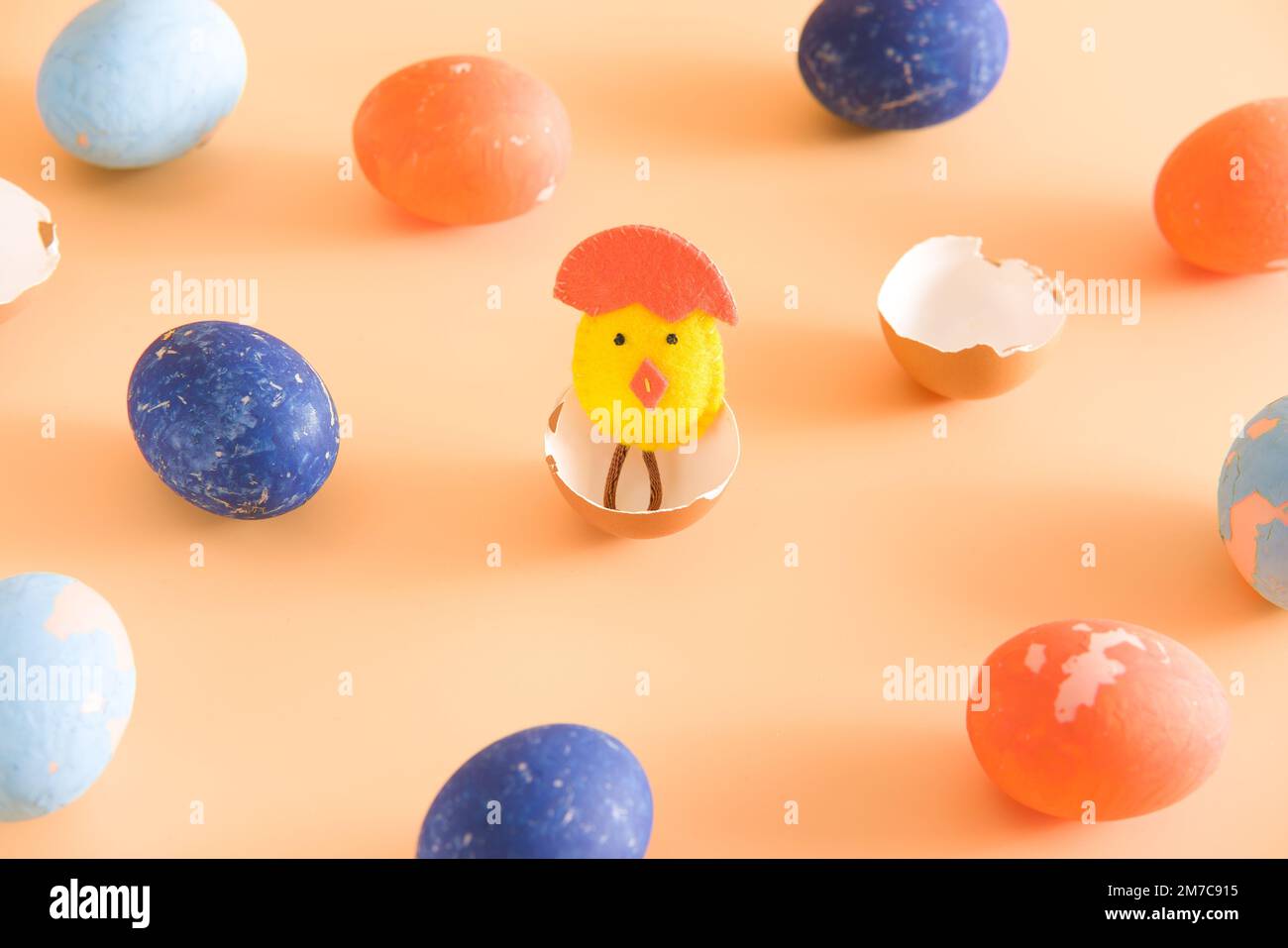 Diy easter chicken in eggshell. concept. beige background. layout. Stock Photo