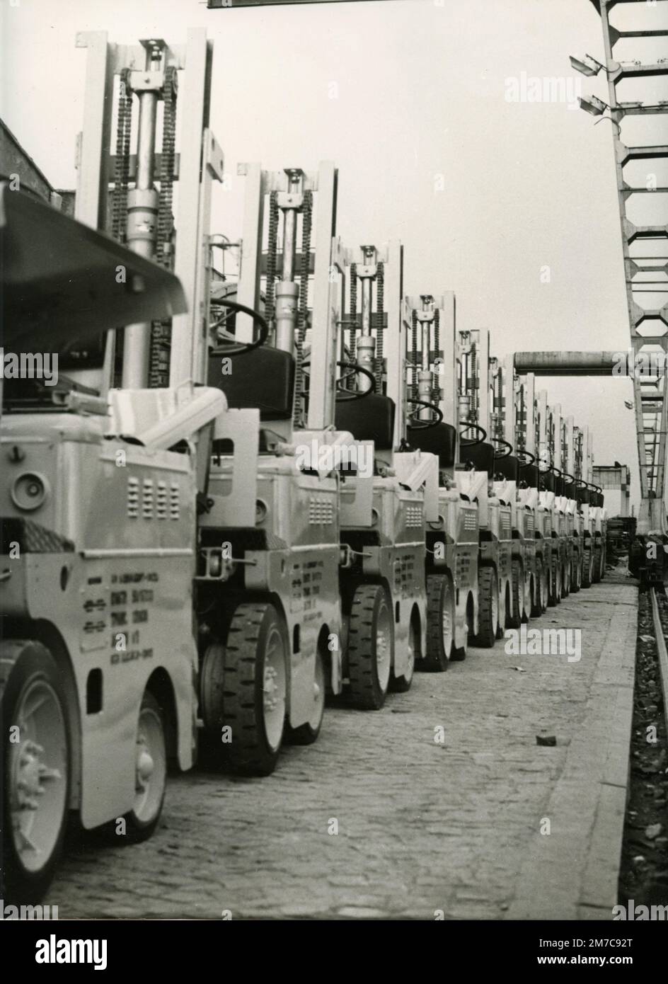 Line of forklifts produced in Bulgaria, 1970s Stock Photo