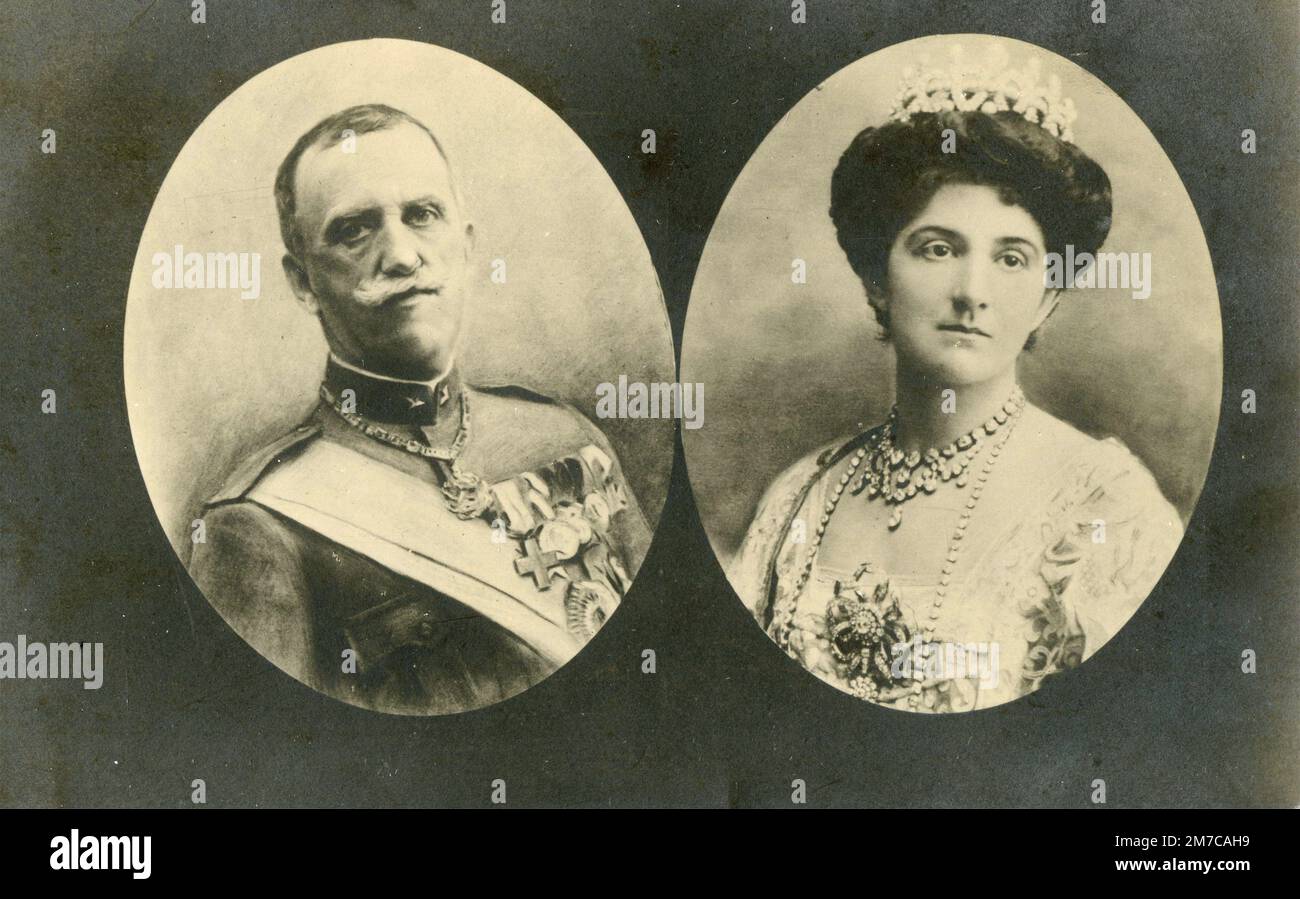 Portraits of the King of Italy Victor Emmanuel III and his wife Queen Elena of Montenegro, 1930s Stock Photo