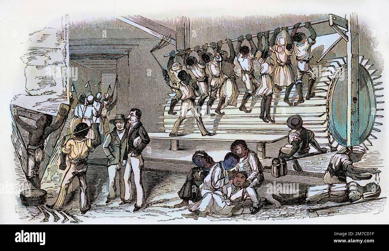 Des esclaves faisant tourner la roue du moulin. jamaique. Planche de James Mursell Philippo, missionnaire en Jamaique, 1843. Stock Photo