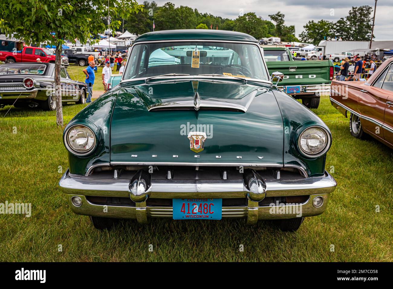 Iola, WI - July 07, 2022: High perspective front view of a 1953 Mercury Monterey 4 Door Sedan at a local car show. Stock Photo