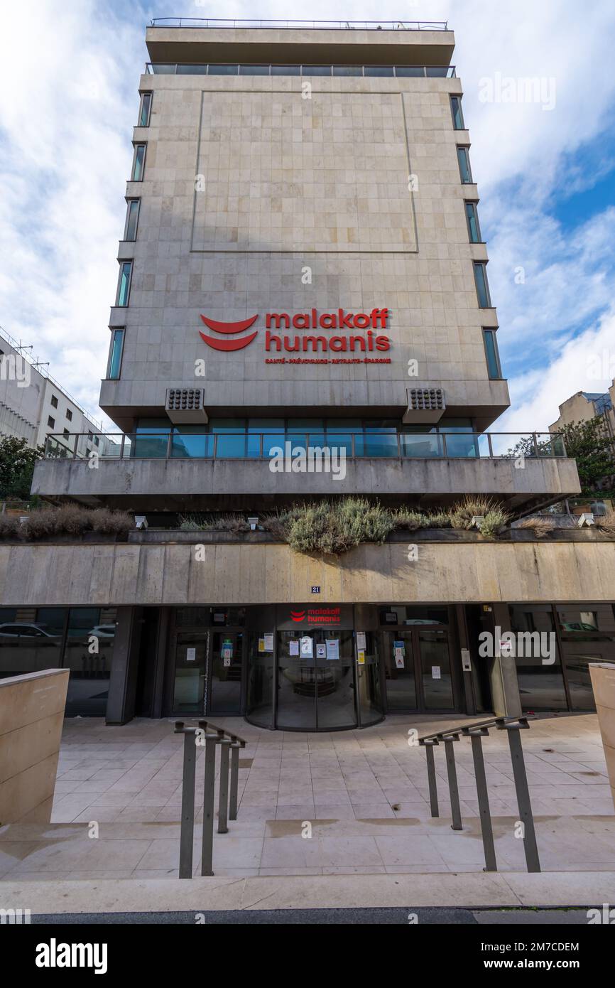 Exterior view of the headquarters building of Malakoff Humanis, a French nonprofit social Exterior view of the headquarters building of Malakoff Humanis, a French nonprofit social