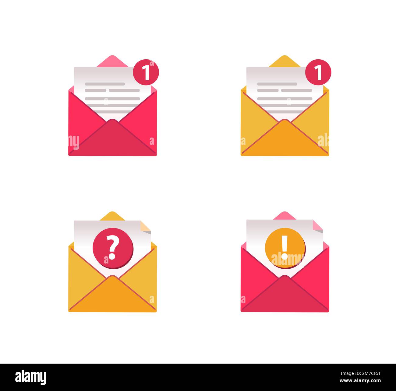 New Message icons set. Open mail paper envelope, exclamation and