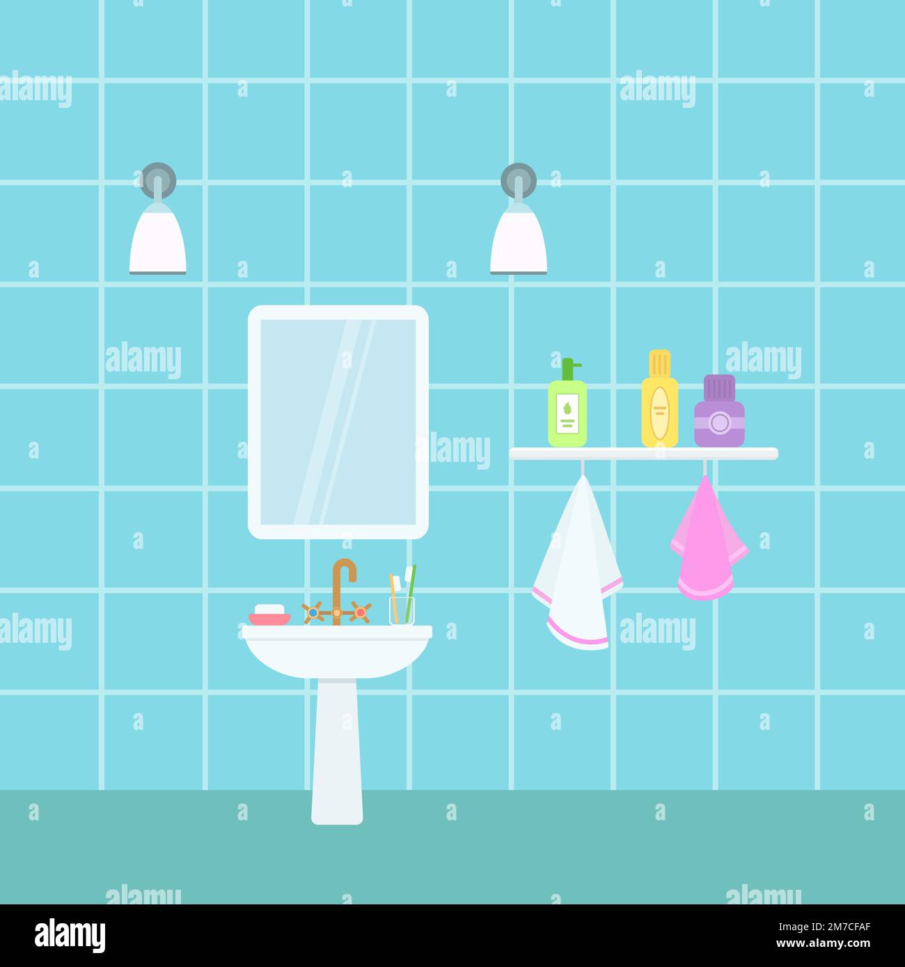 Bathroom sink with mirror and towels on blue background. Cartoon flat
