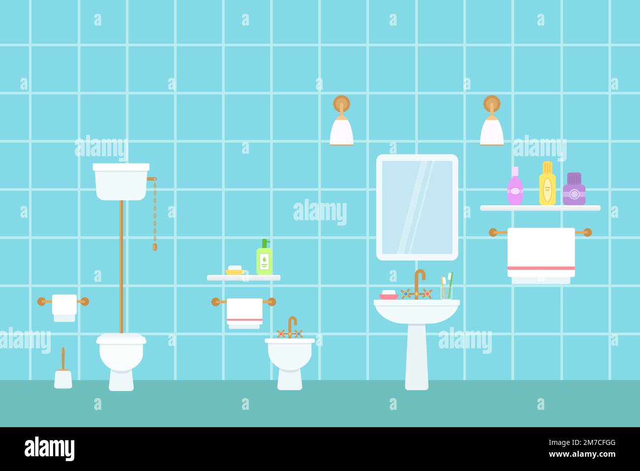 Retro toilet, bidet and sink with toilet accessories. Home interior