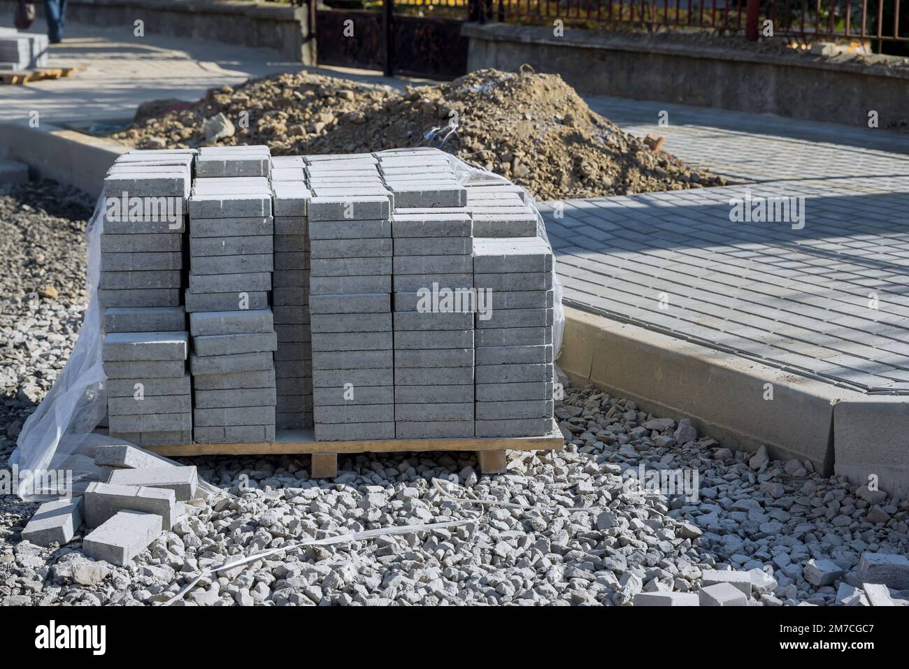 Construction of sidewalk works landscaping paver in preparation for