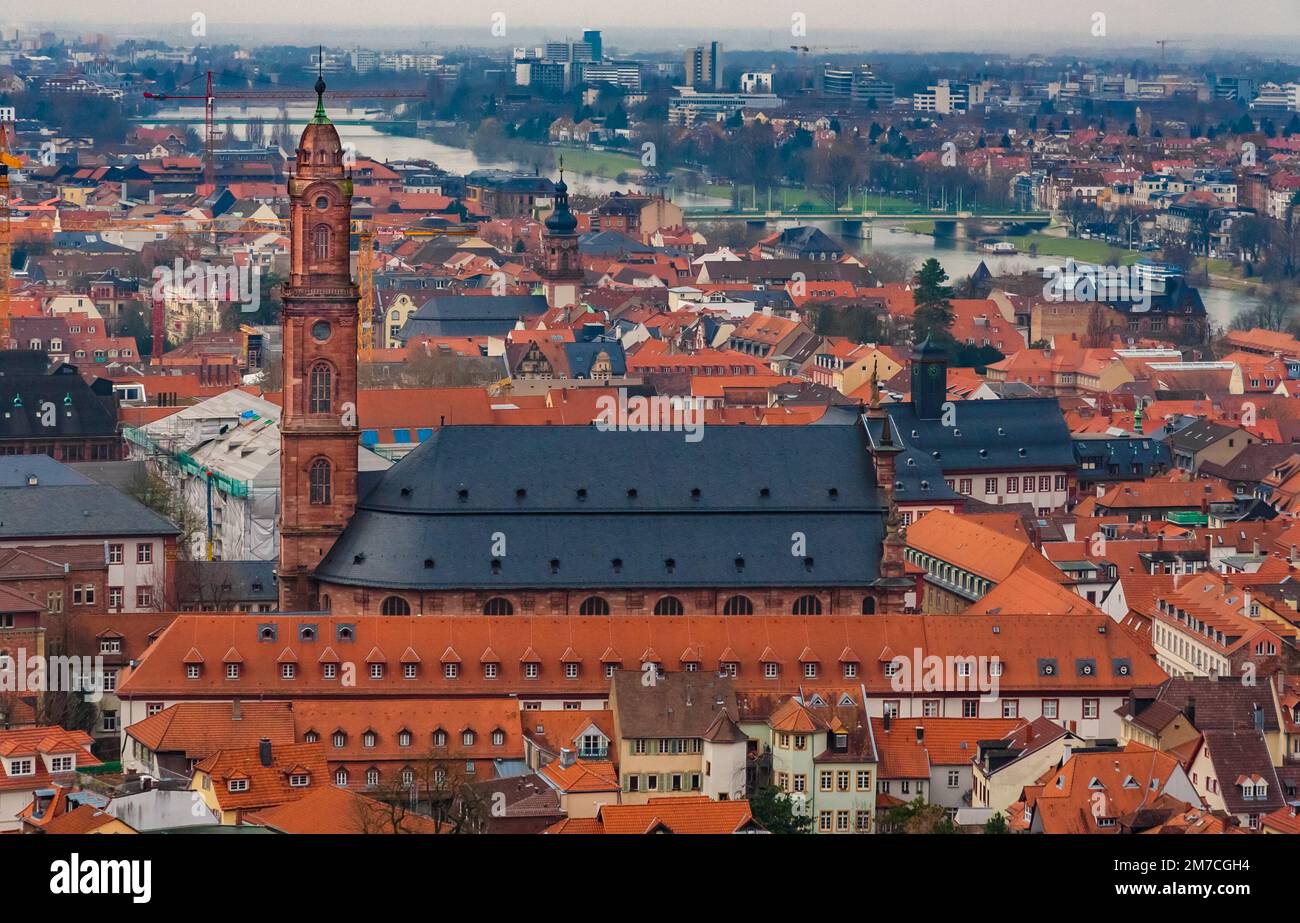 Lovely aerial view of Heidelberg's old town with the famous Jesuit Church in the centre. The neo-baroque tower was only added later. The church does... Stock Photo