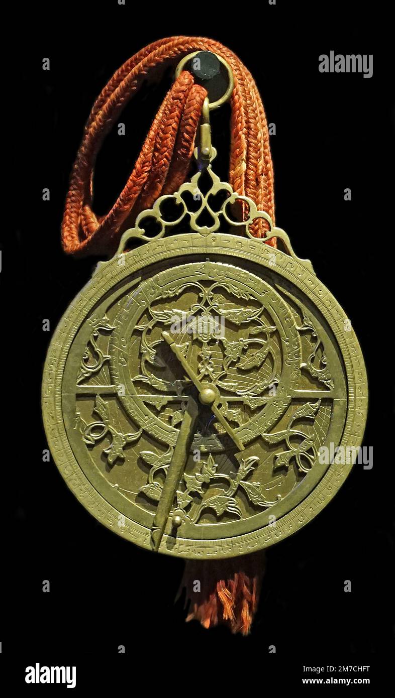 Astrolabe.Muhammid Mugim or Muḥammad Muqīm (1600-1675) A kind of astronomical calculator.Important in the Muslim world to determine time for five daily prayers.Also to find the direction of the Kaaba in Mecca. Stock Photo