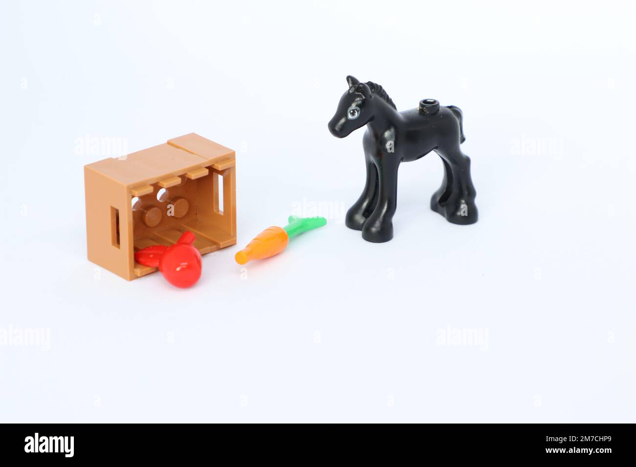 a black horse with a crate containing a carrot and an apple. Lego minifigure Stock Photo