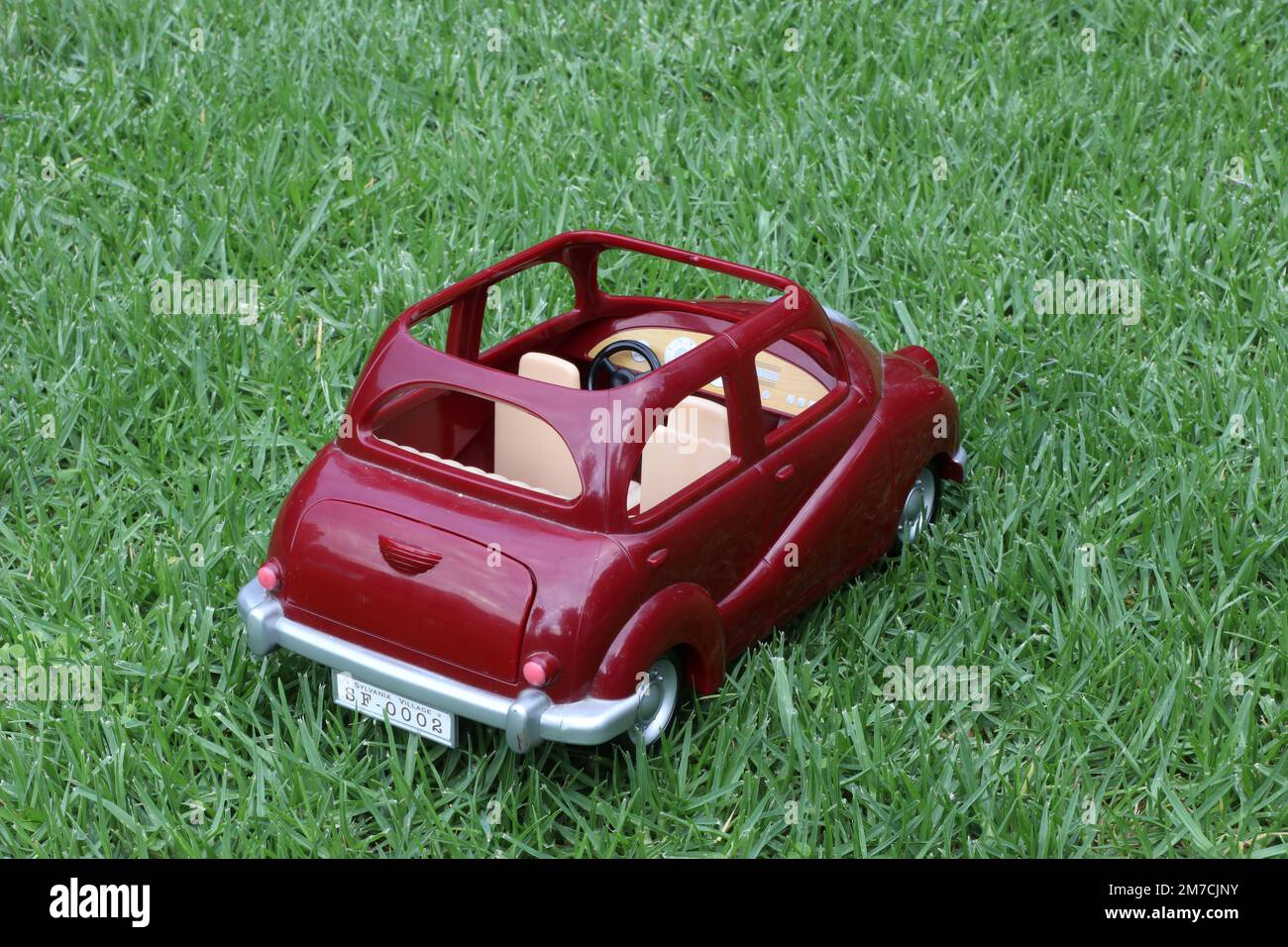 A classic burgundy plastic toy car with the roof down, a silver bumper and fender and white seats sitting on grass Stock Photo