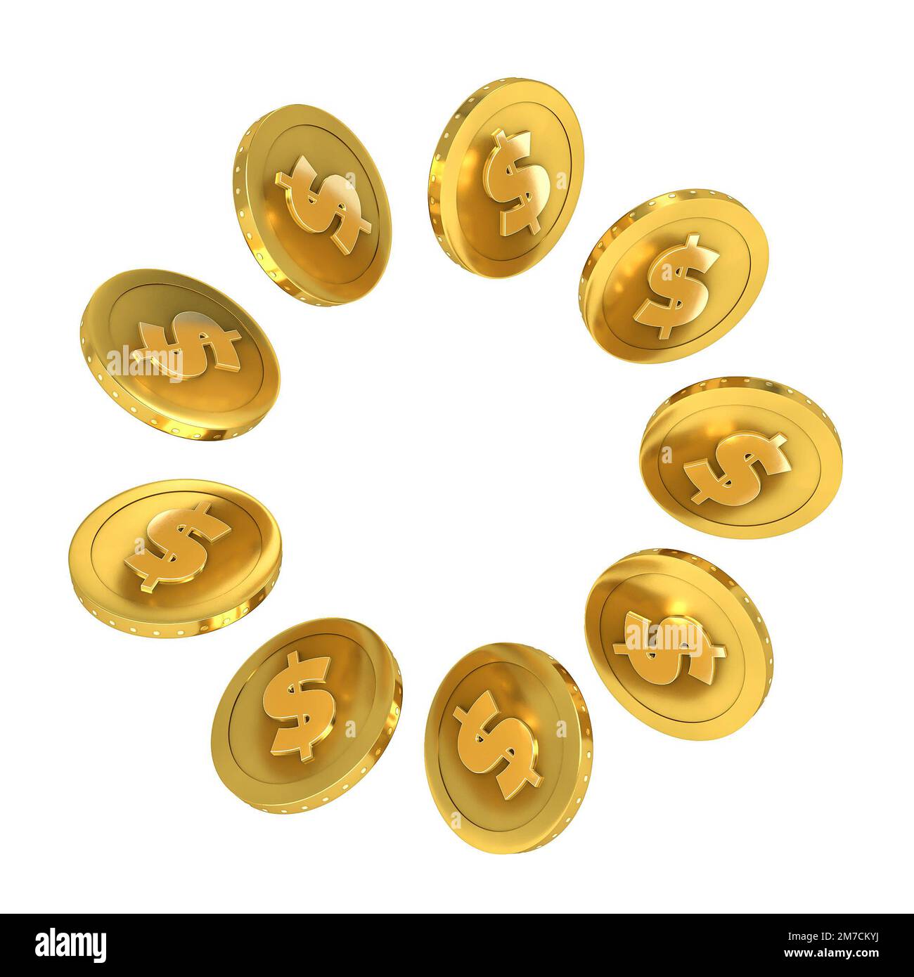 3D illustration of gold coin in circle for composition. Dollar currency in 3D representation. Stock Photo