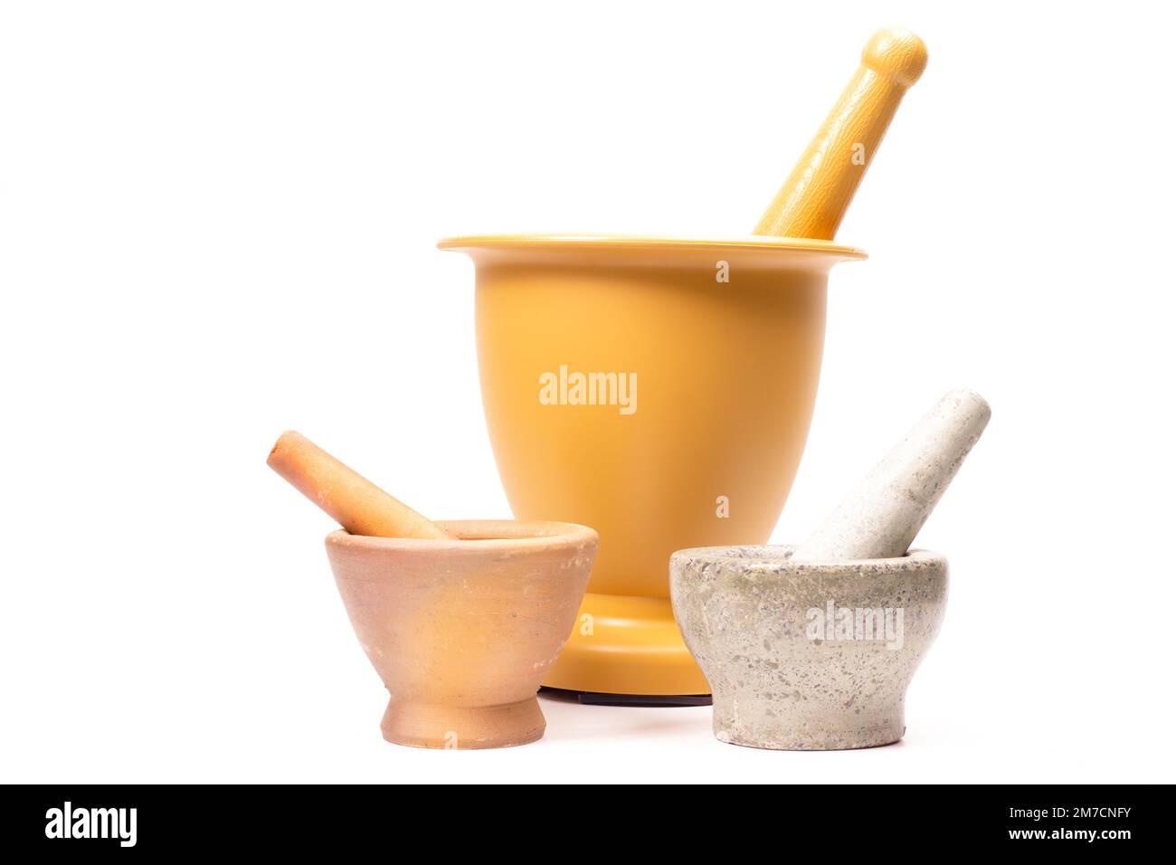 Mortar and pestle sets come in small and large sizes isolated on white