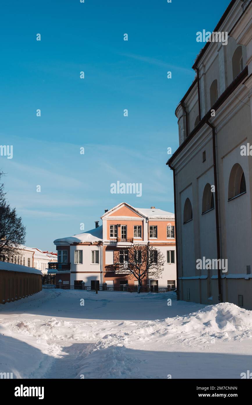 old town on a snowy day Stock Photo