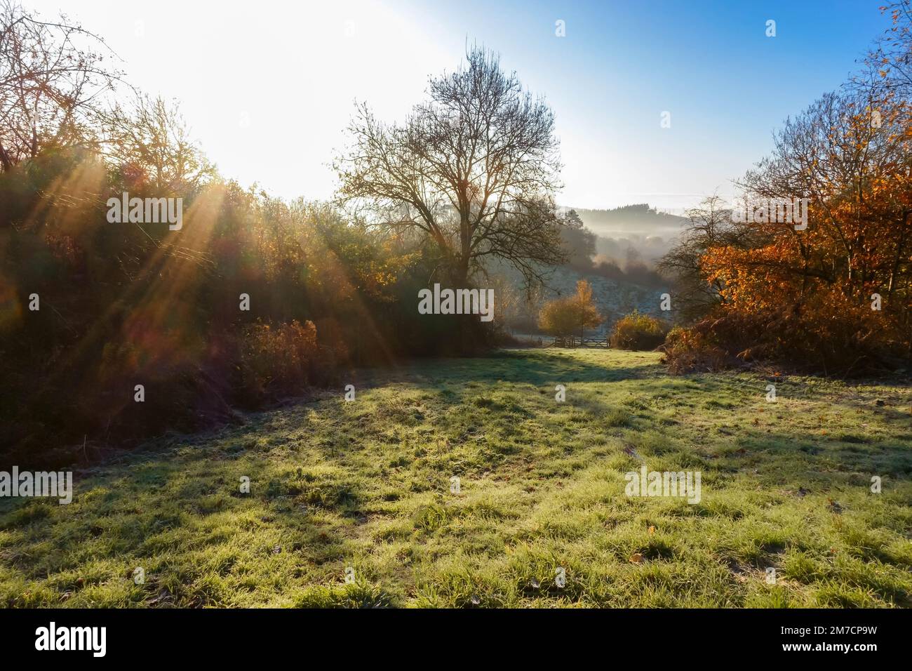 Mist rising in the Wye Valley on a beautiful bright and frosty morning, Woolhope Herefordshire UK. December 2022 Stock Photo