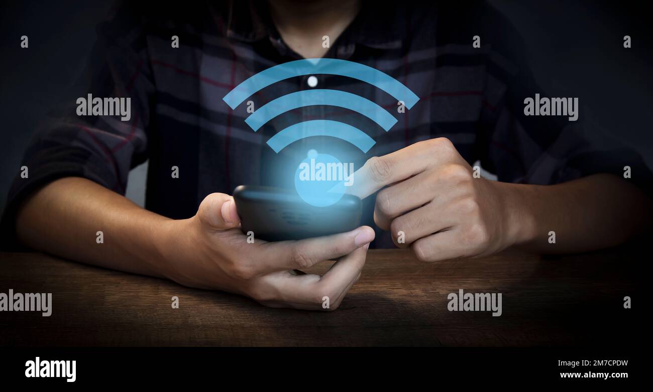 Use business smartphone with wifi icon, business communication social ...