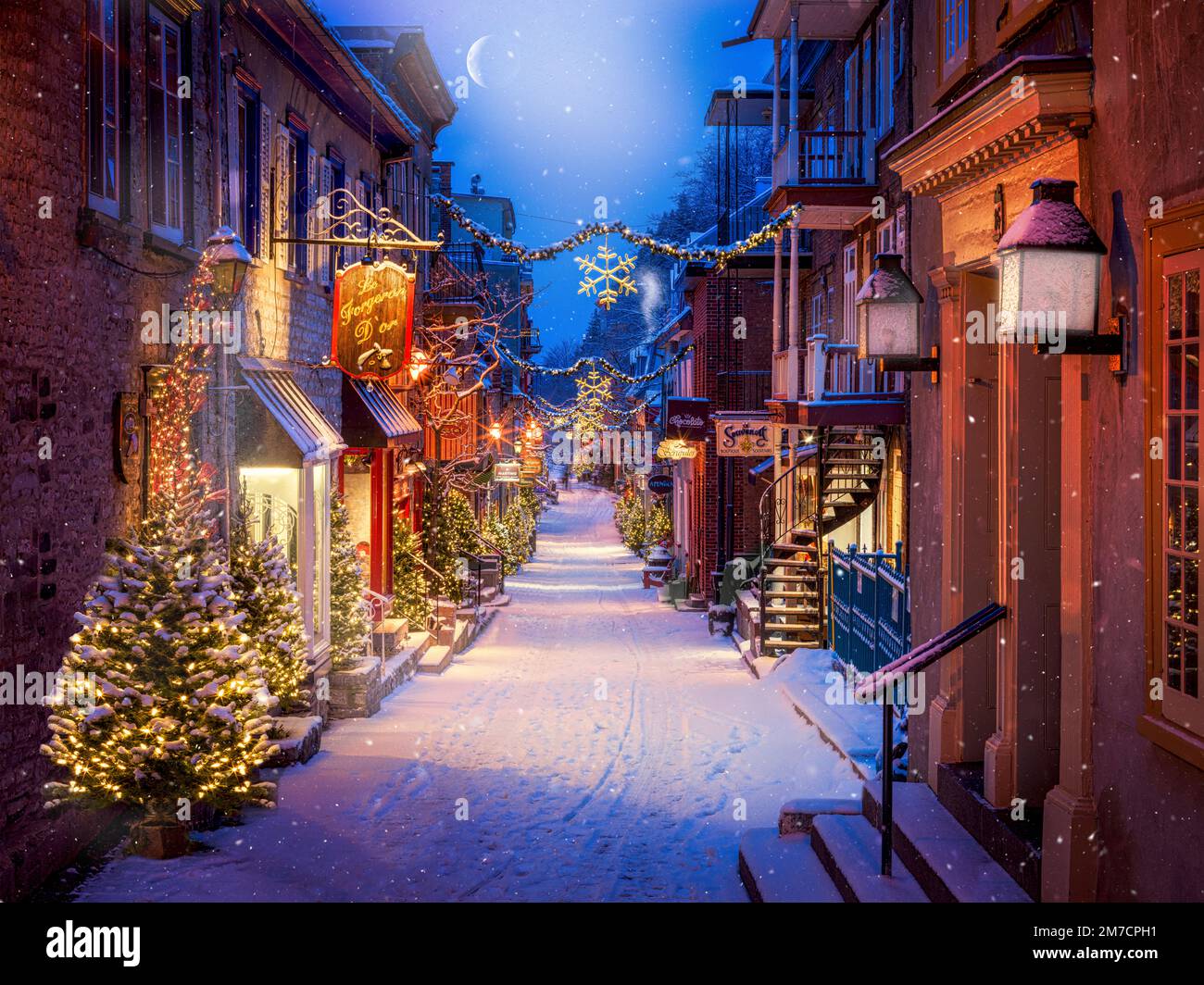 Petit Champlain with Snow and Illuminated, Old Quebec City, Quebec