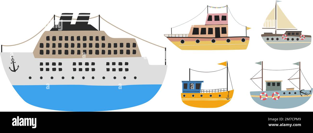 collection of scandinavian style drawings of ships and boats isolated on white background, vector illustration Stock Vector