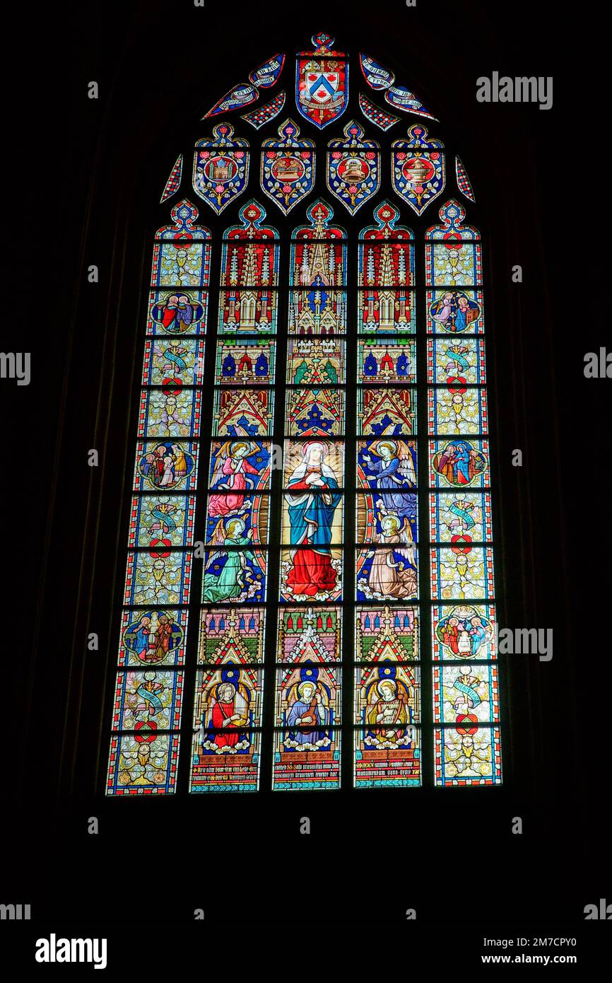 Stained glass depicting Mary the Mother of Jesus, St Salvador's Cathedral Bruges, Belgium. November 2022 Stock Photo