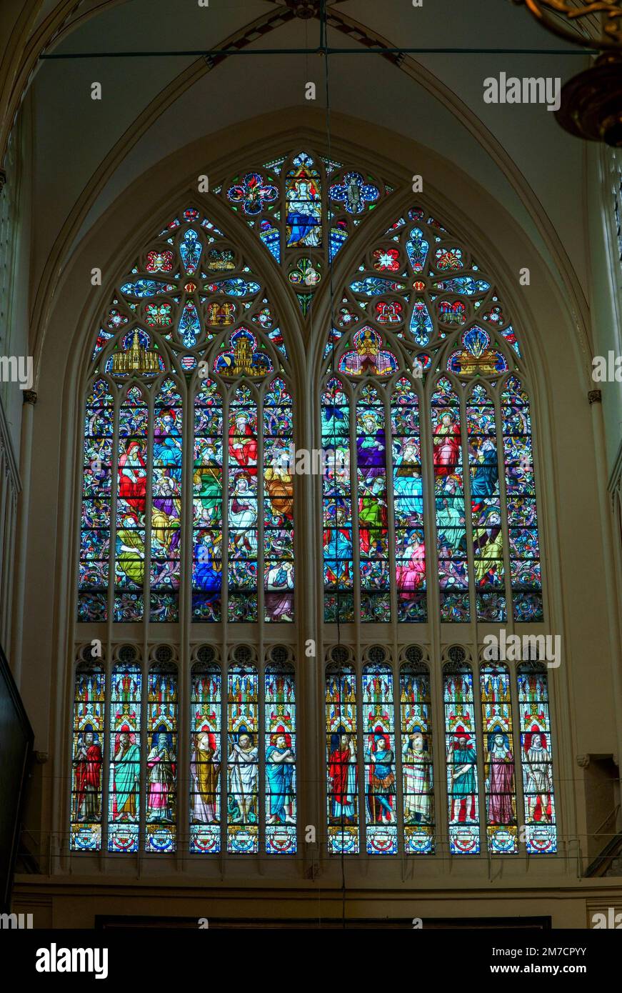 Stained glass depicting Saints and the 12 sons of Jacob in the lower section, St Salvador's Cathedral Bruges, Belgium. November 2022 Stock Photo