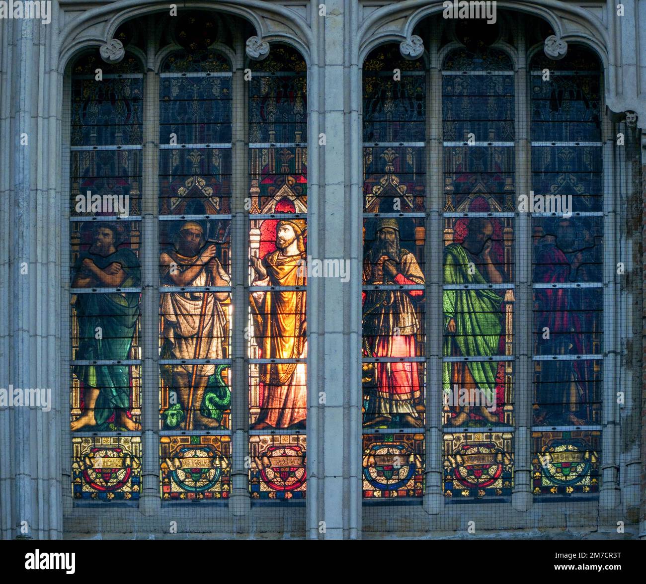 Stained glass depicting 6 sons of Jacob, illuminated from the inside of St Salvador's Cathedral Bruges, Belgium. November 2022 Stock Photo