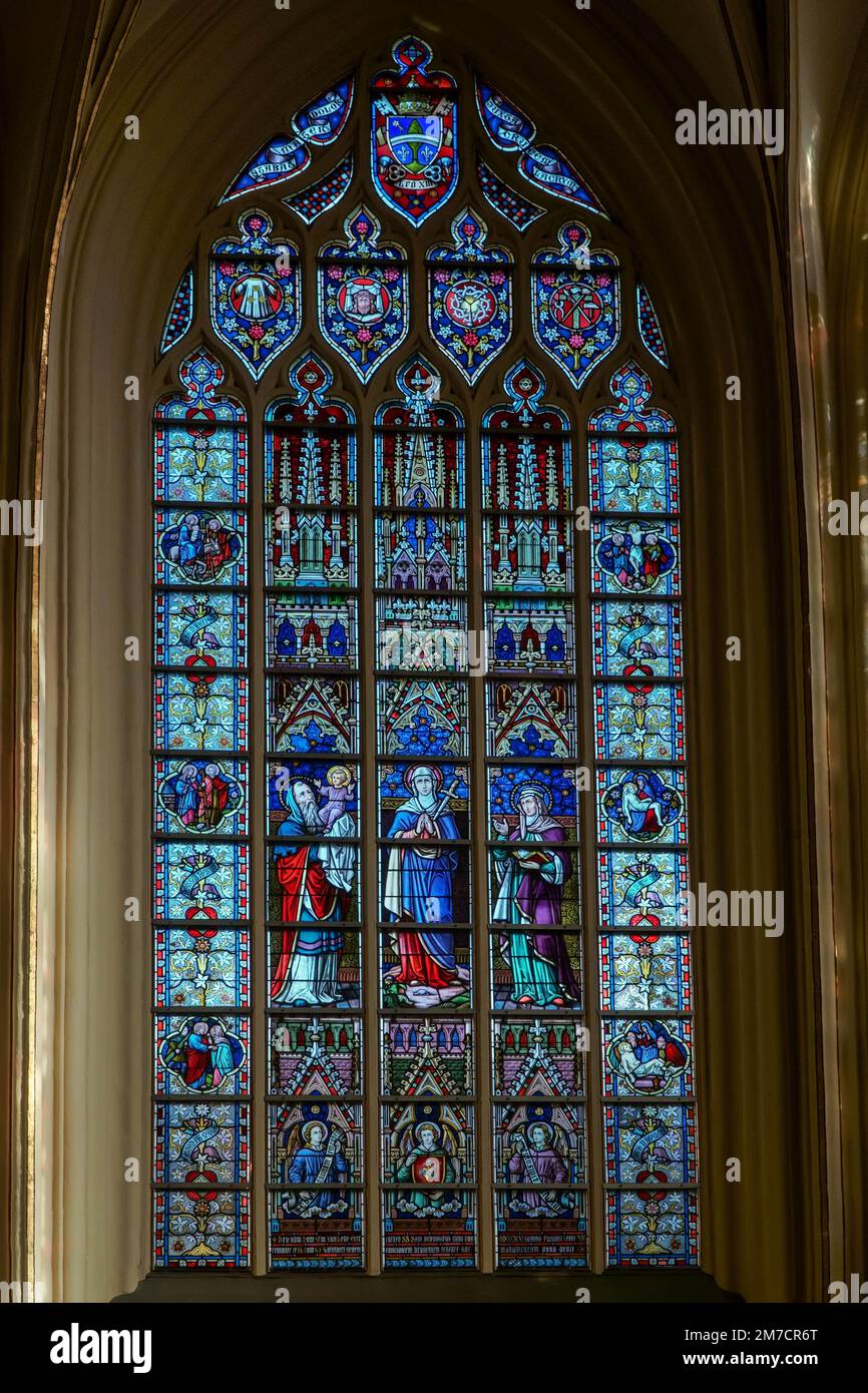 Stained glass depicting the Blessed Virgin Mary with a single sward piercing her heart, St Salvador's Cathedral Bruges, Belgium. November 2022 Stock Photo