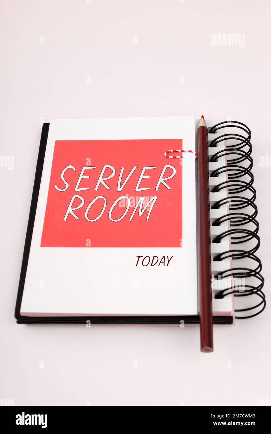 Hand writing sign Server Room. Word for a room used to store power and ...