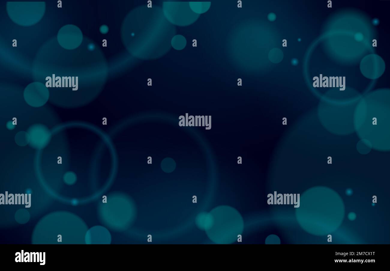 Dark blue blurred bokeh light glowing backdrop. Green circles defocused ...