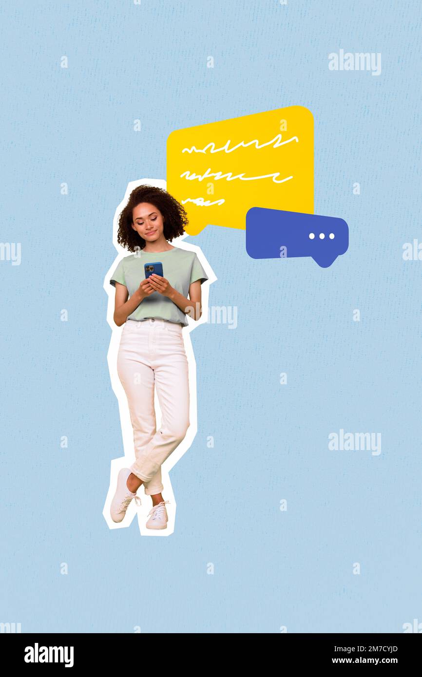 Photo artwork of young positive girl stay near chatterbox chat typing  smartphone online application for dialogues isolated on blue background  Stock Photo - Alamy