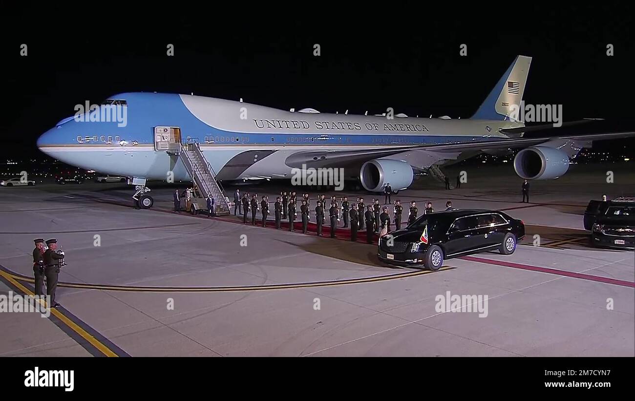 Mexico, Mexico. 08th Jan, 2023. Joe Biden, President of the United States, boarded Air Force One that landed on the runway of the Felipe Angeles International Airport (AIFA) in Zumpango de Ocampo, On January 8, 2023 in the State of Mexico, Mexico. United States President Joe Biden arrived in Mexico City to attend the the North American Leaders' Summit, charmingly dubbed the 'Three Amigos Summit'. which is to be held on Monday and Tuesday. Photo by Mexican President Press Office/UPI Credit: UPI/Alamy Live News Stock Photo