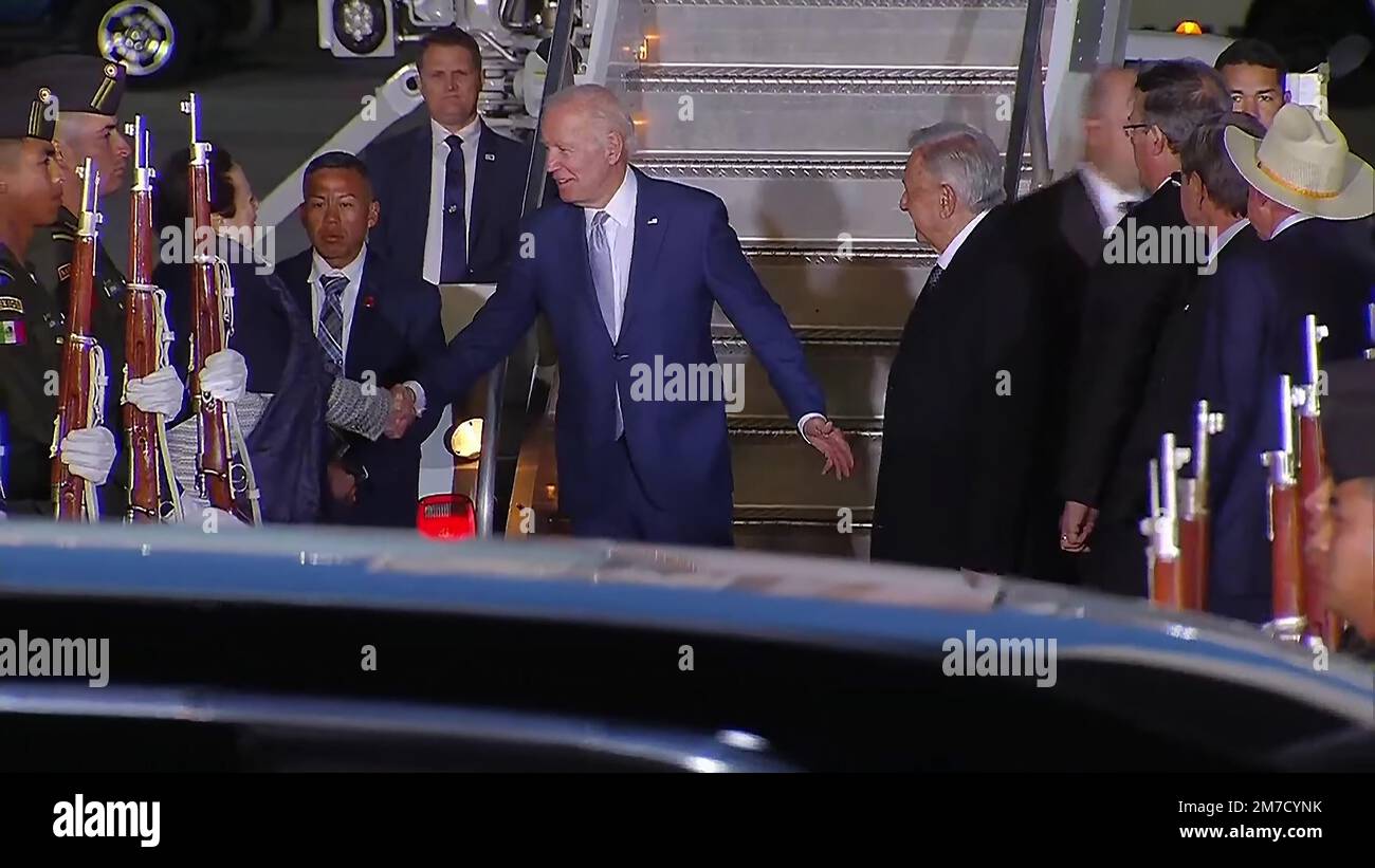 Mexico, Mexico. 08th Jan, 2023. The President of Mexico, Andres Manuel Lopez Obrador (R) welcomes the United States President Joe Biden, at the Felipe Angeles International Airport (AIFA) in Zumpango de Ocampo, On January 8, 2023 in the State of Mexico, Mexico. United States President Joe Biden arrived in Mexico City to attend the the North American Leaders' Summit, charmingly dubbed the 'Three Amigos Summit'. which is to be held on Monday and Tuesday. Photo by Mexican President Press Office/UPI Credit: UPI/Alamy Live News Stock Photo