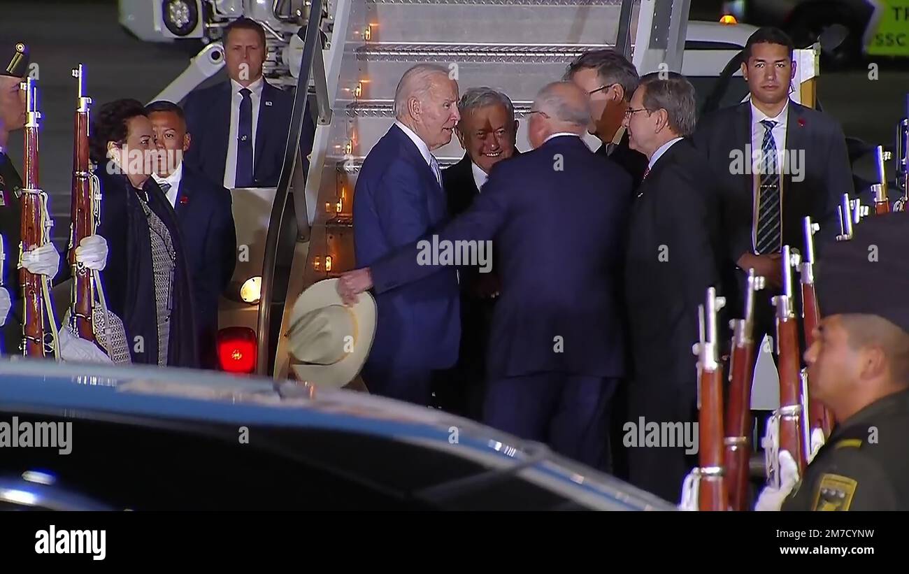 Mexico, Mexico. 08th Jan, 2023. The President of Mexico, Andres Manuel Lopez Obrador (C) welcomes the United States President Joe Biden (C-L), at the Felipe Angeles International Airport (AIFA) in Zumpango de Ocampo, On January 8, 2023 in the State of Mexico, Mexico. United States President Joe Biden arrived in Mexico City to attend the the North American Leaders' Summit, charmingly dubbed the 'Three Amigos Summit'. which is to be held on Monday and Tuesday. Photo by Mexican President Press Office/UPI Credit: UPI/Alamy Live News Stock Photo