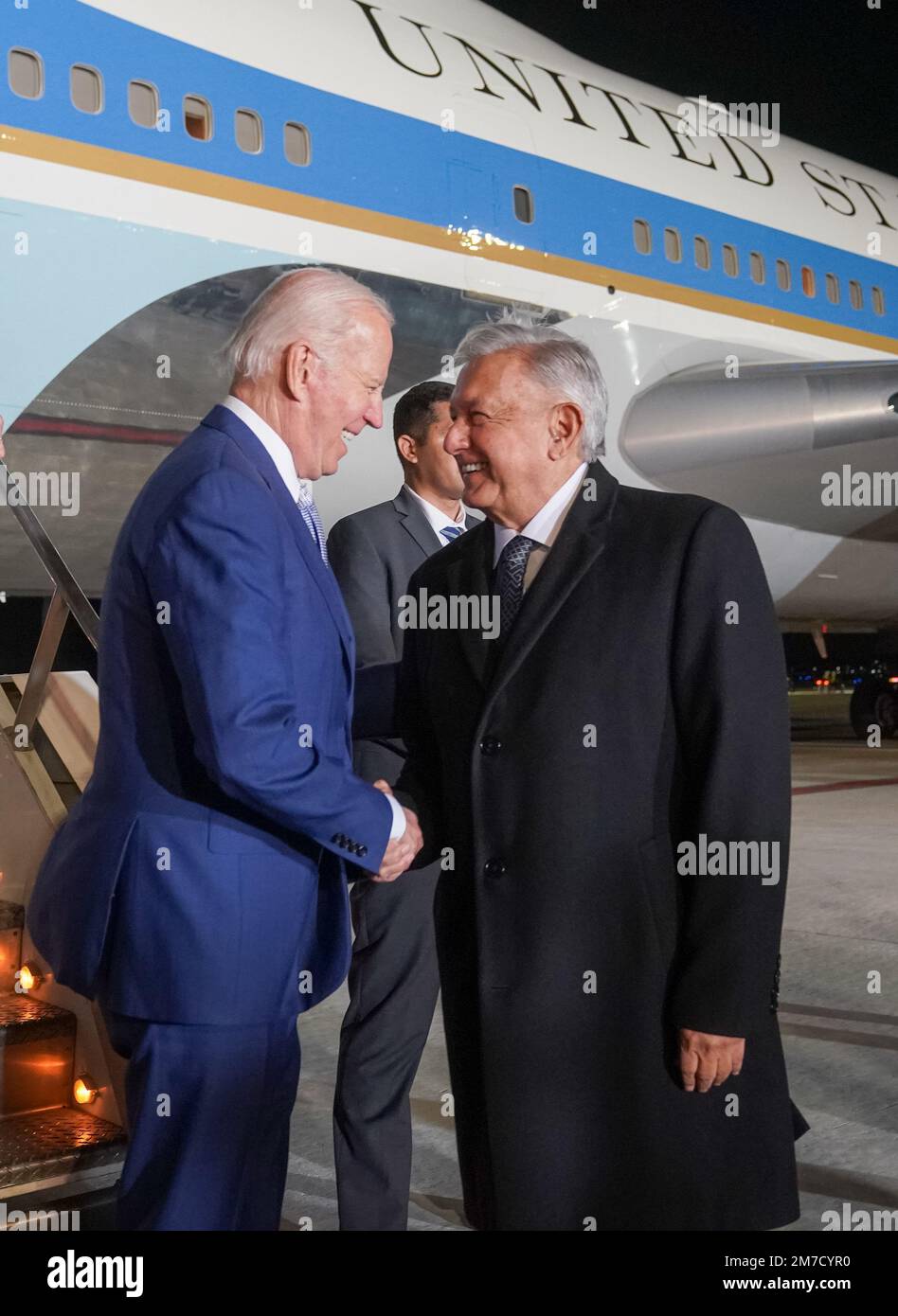 Mexico, Mexico. 08th Jan, 2023. The President of Mexico, Andres Manuel Lopez Obrador (R) welcomes the United States President Joe Biden, at the Felipe Angeles International Airport (AIFA) in Zumpango de Ocampo, On January 8, 2023 in the State of Mexico, Mexico. United States President Joe Biden arrived in Mexico City to attend the the North American Leaders' Summit, charmingly dubbed the 'Three Amigos Summit'. which is to be held on Monday and Tuesday. Photo by Mexican President Press Office/UPI Credit: UPI/Alamy Live News Stock Photo