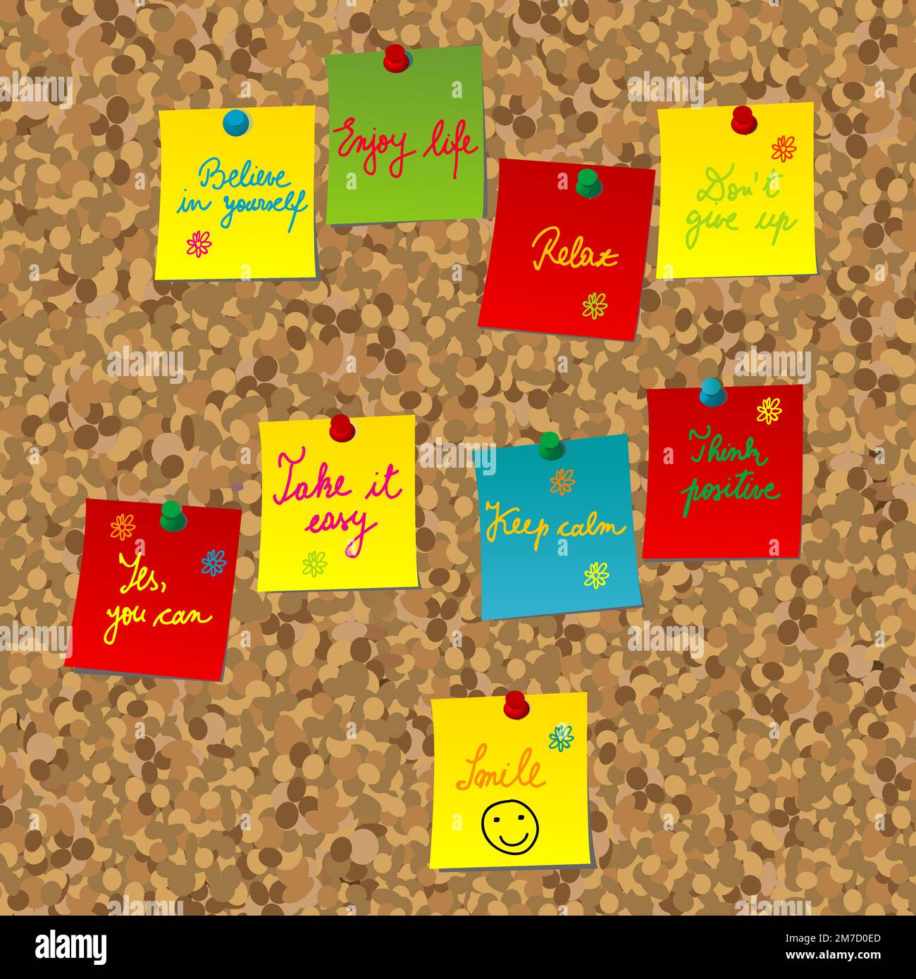 Cork board with positive messages on colorful sticky notes Stock Vector