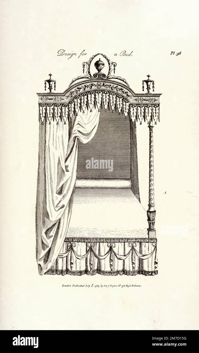 Design for a Bed from The cabinet maker and upholsterer's guide; or, Repository of designs for every article of household furniture In the Newest and most approved taste Displaying a great variety of patterns by A. Hepplewhite and Co Publication date 1897 Reprint. Originally published: London : I. & J. Taylor, 1794 Stock Photo