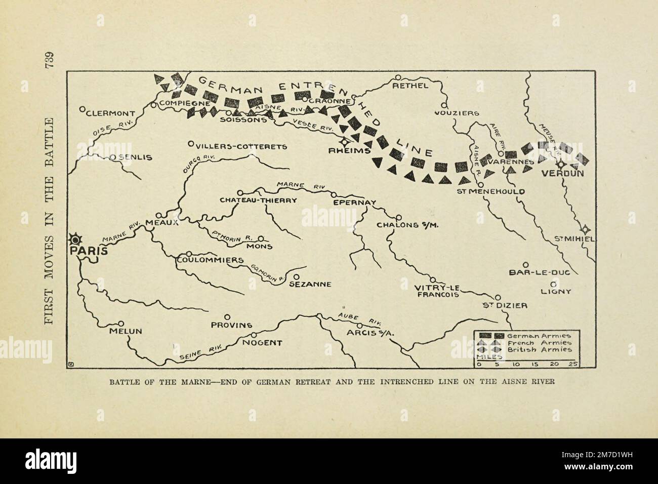 Battle of the Marne - End of German Retreat and the Intrenched Line on the Aisne River from the book The story of the great war; the complete historical records of events to date DIPLOMATIC AND STATE PAPERS by Reynolds, Francis Joseph, 1867-1937; Churchill, Allen Leon; Miller, Francis Trevelyan, 1877-1959; Wood, Leonard, 1860-1927; Knight, Austin Melvin, 1854-1927; Palmer, Frederick, 1873-1958; Simonds, Frank Herbert, 1878-; Ruhl, Arthur Brown, 1876-  Volume III Published 1916 Stock Photo