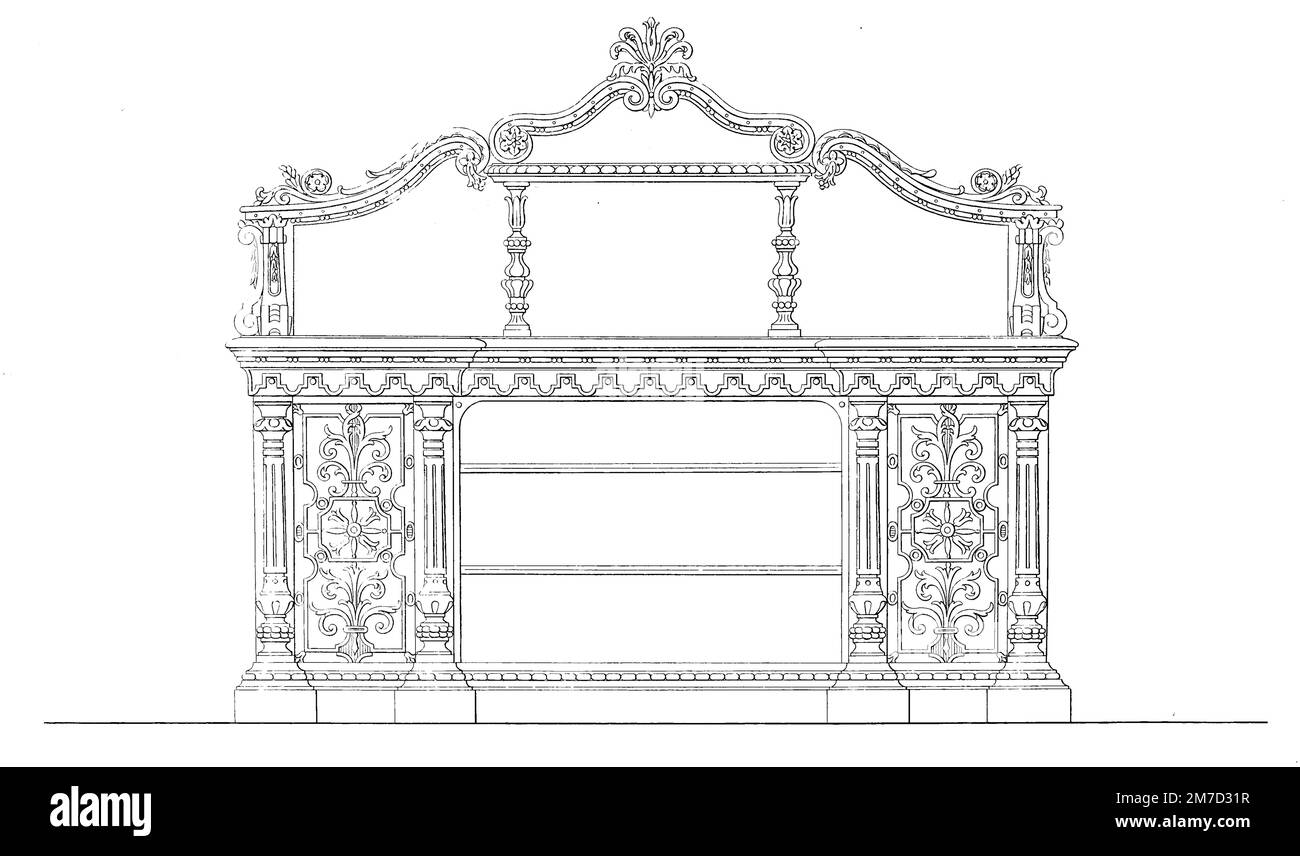 Wing Cheffonier, with fret-work and fluted silk behind in the panels ; it has a plate-glass back, to reflect the china or articles of vertu that may be placed upon the marble top, or upon the shelf. The shelves between the ivings are intended for books from The practical cabinet maker & upholsterer's treasury of designs : house-furnishing & decorating assistant : in the Grecian, Italian, Renaissance, Louis-Quatorze, Gothic, Tudor, and Elizabethan styles : interspersed with designs executed for the royal palaces, and for some of the principal mansions of the nobility and gentry, and club houses Stock Photo