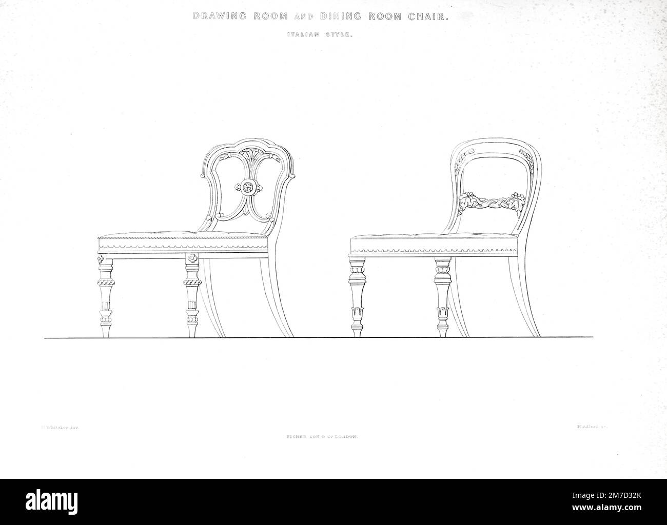 Drawing-Boom, and Dining-room Chair; the last has a splat composed of a vine branch and a spike of corn on each side of the back from The practical cabinet maker & upholsterer's treasury of designs : house-furnishing & decorating assistant : in the Grecian, Italian, Renaissance, Louis-Quatorze, Gothic, Tudor, and Elizabethan styles : interspersed with designs executed for the royal palaces, and for some of the principal mansions of the nobility and gentry, and club houses by Henry Whitaker, 1847 Stock Photo