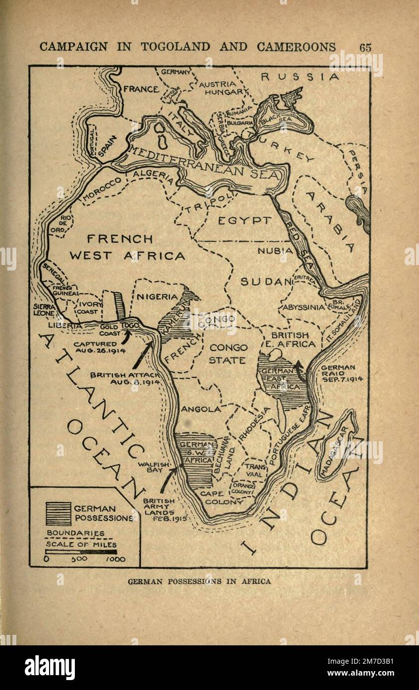 German Possessions in Africa from the book The story of the great war; the complete historical records of events to date DIPLOMATIC AND STATE PAPERS by Reynolds, Francis Joseph, 1867-1937; Churchill, Allen Leon; Miller, Francis Trevelyan, 1877-1959; Wood, Leonard, 1860-1927; Knight, Austin Melvin, 1854-1927; Palmer, Frederick, 1873-1958; Simonds, Frank Herbert, 1878-; Ruhl, Arthur Brown, 1876-  Volume III Published 1920 Stock Photo