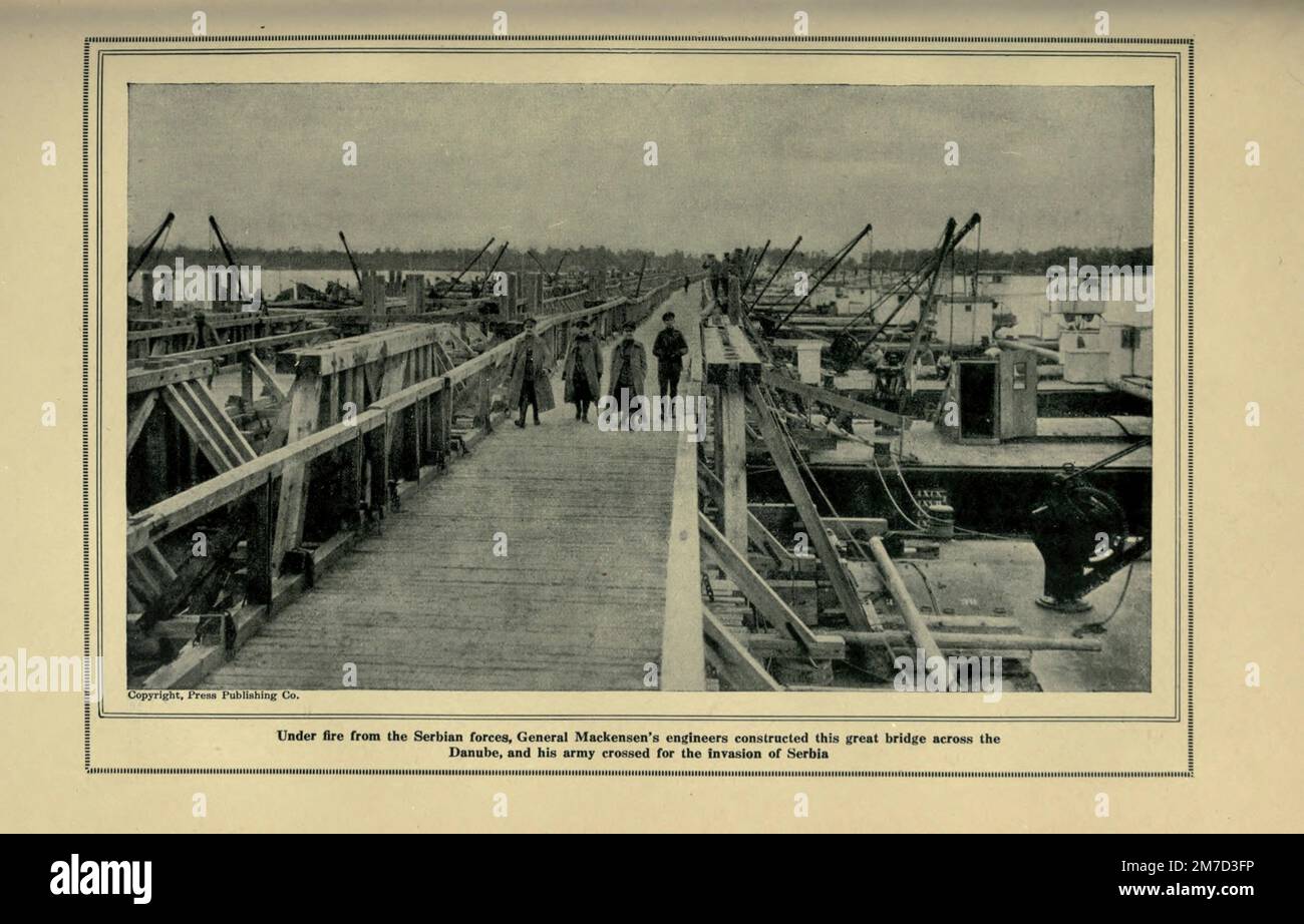 Constructing a Bridge Over the Danube from the book The story of the great war; the complete historical records of events to date DIPLOMATIC AND STATE PAPERS by Reynolds, Francis Joseph, 1867-1937; Churchill, Allen Leon; Miller, Francis Trevelyan, 1877-1959; Wood, Leonard, 1860-1927; Knight, Austin Melvin, 1854-1927; Palmer, Frederick, 1873-1958; Simonds, Frank Herbert, 1878-; Ruhl, Arthur Brown, 1876-  Volume IV Published 1916 Stock Photo