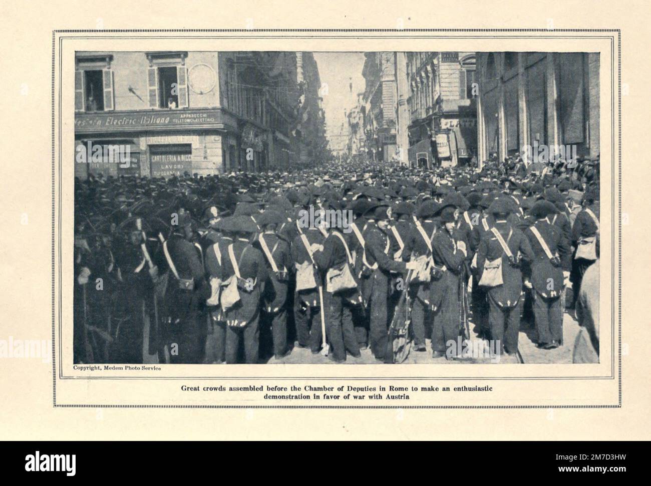 ITALIAN CROWDS CLAMORING FOR WAR WITH AUSTRIA from the book The story of the great war; the complete historical records of events to date DIPLOMATIC AND STATE PAPERS by Reynolds, Francis Joseph, 1867-1937; Churchill, Allen Leon; Miller, Francis Trevelyan, 1877-1959; Wood, Leonard, 1860-1927; Knight, Austin Melvin, 1854-1927; Palmer, Frederick, 1873-1958; Simonds, Frank Herbert, 1878-; Ruhl, Arthur Brown, 1876-  Volume VI Published 1920 Stock Photo