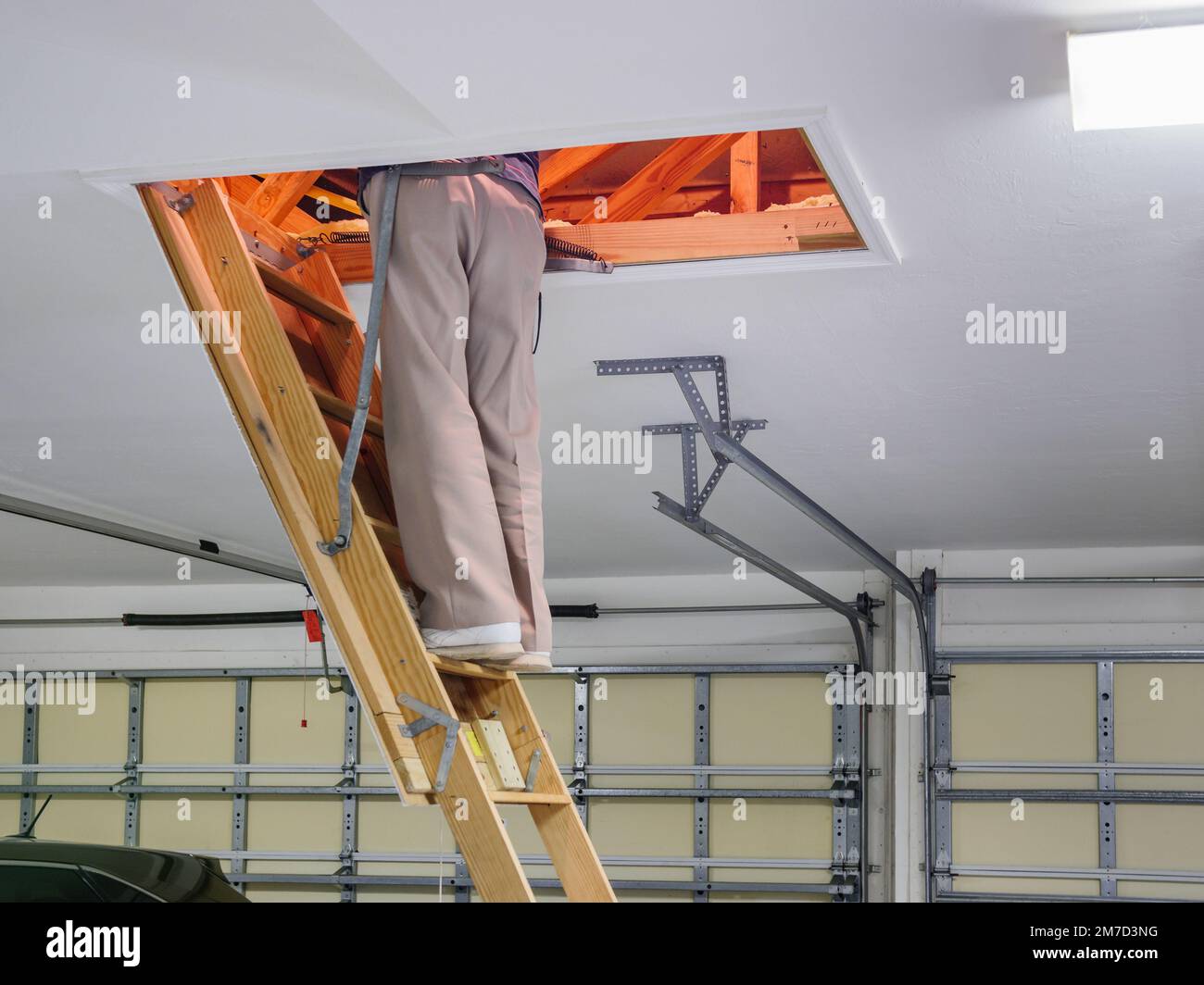 https://c8.alamy.com/comp/2M7D3NG/man-inspecting-garage-attic-male-homeowner-climbing-wooden-pull-down-attic-ladder-stairs-2M7D3NG.jpg