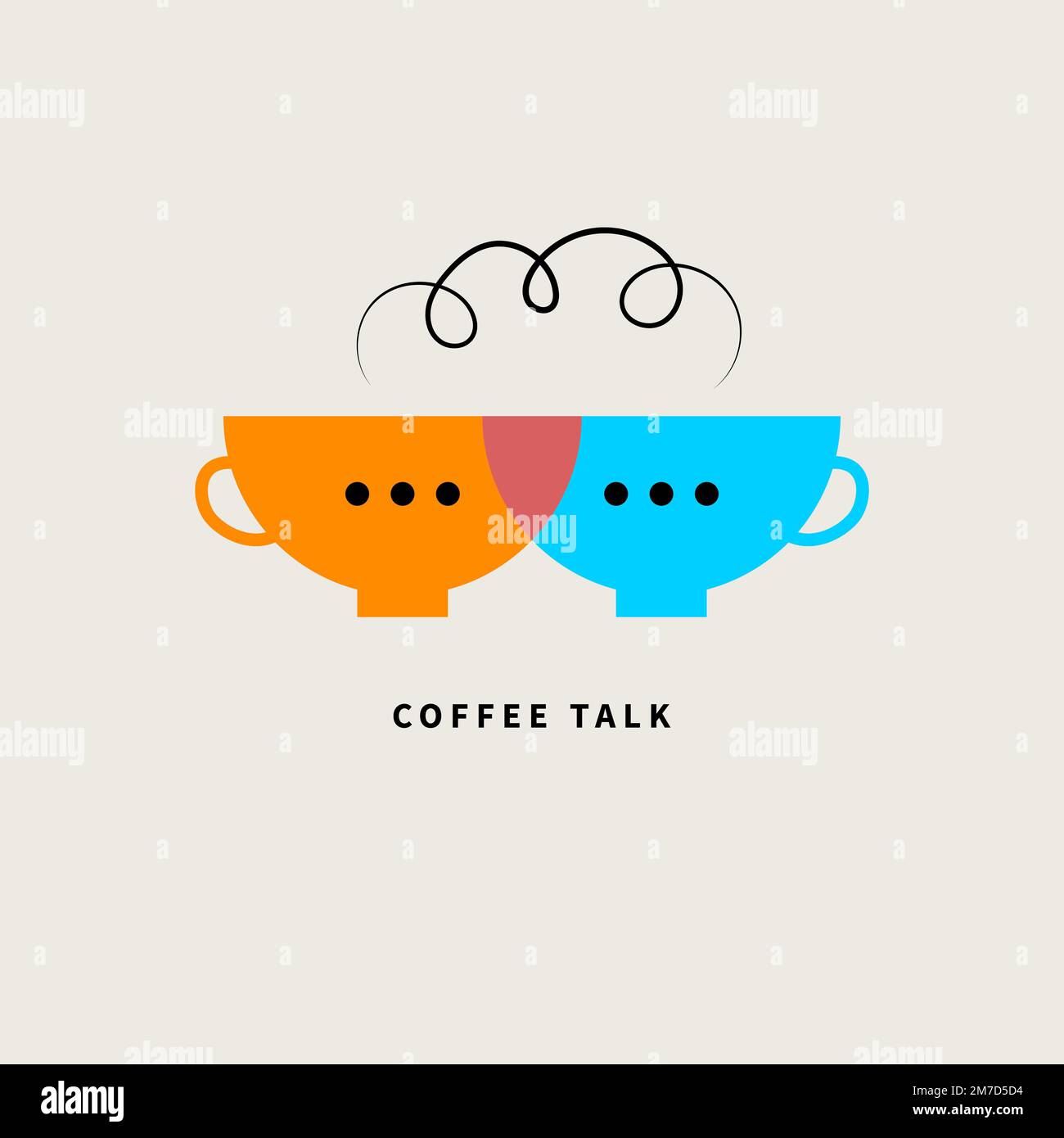 Coffee talk two cups logo, meeting icon. Two mugs with hot steam flat