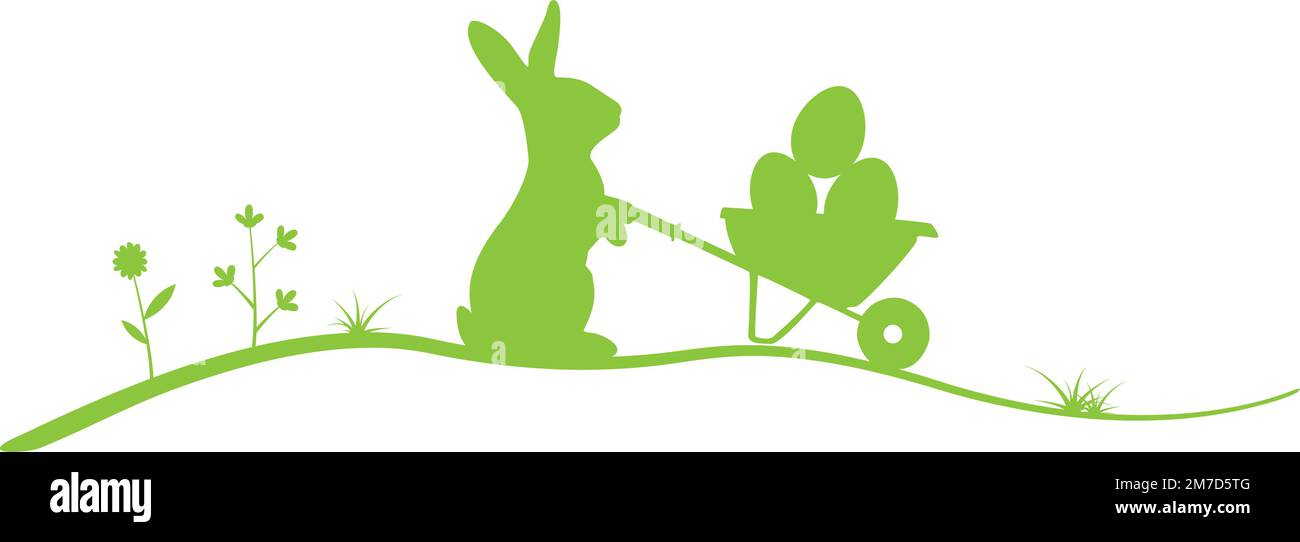 silhouette of easter bunny with easter eggs in wheelbarrow, vector illustration Stock Vector