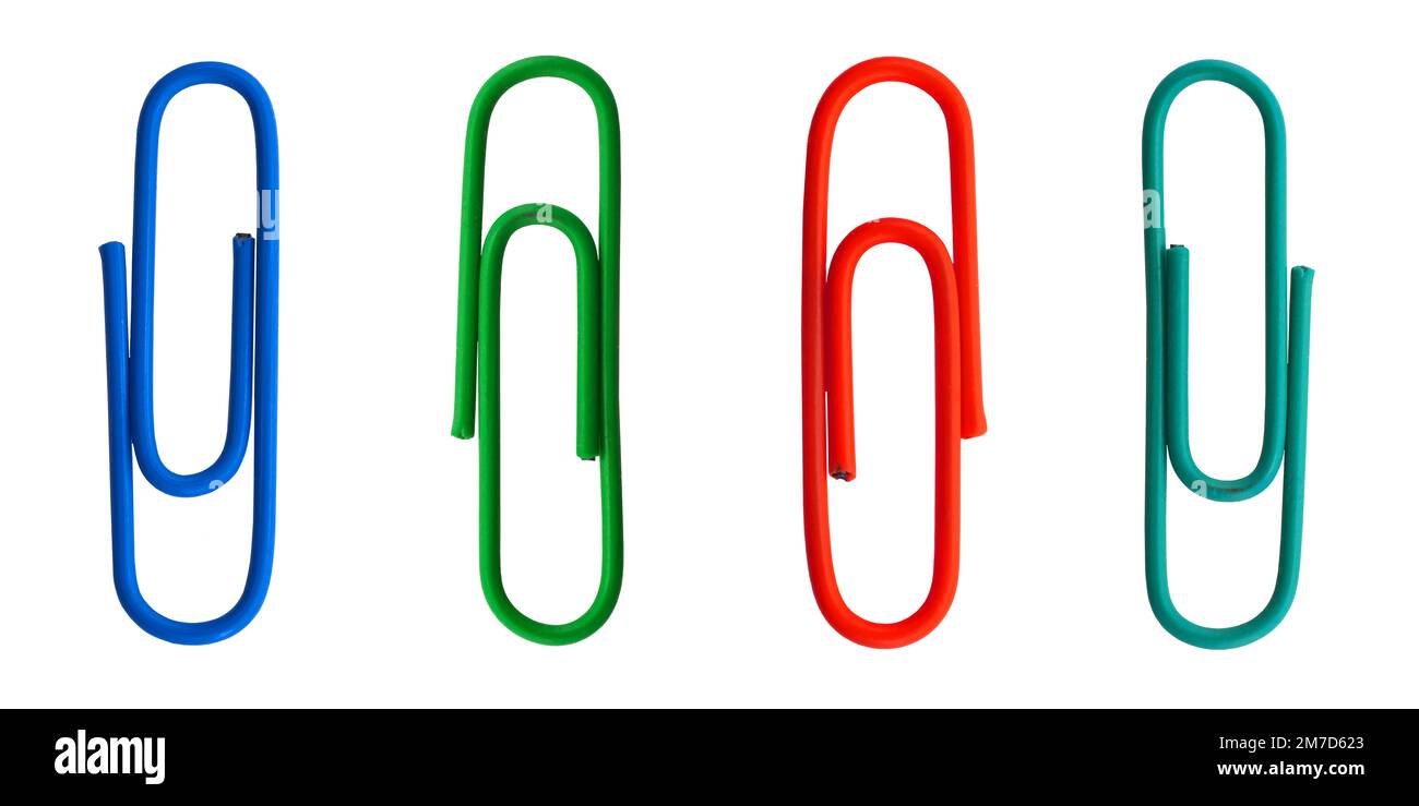 Multi-colored paper clips on a white background close-up Stock Photo