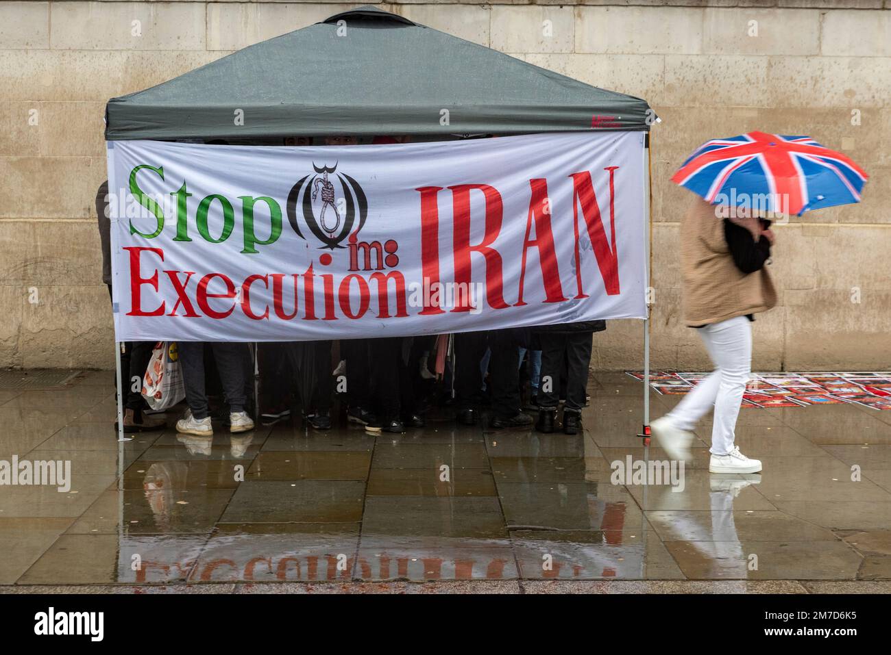 Stop Execution In Iran Protest Banner On Gazebo In Trafalgar Square London Rainy Day With 