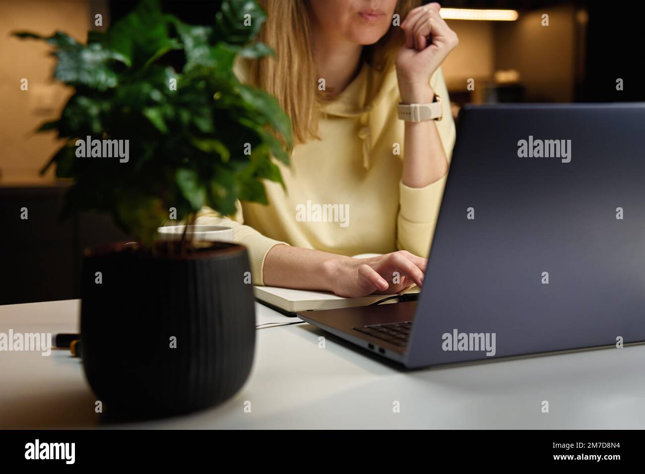 Woman works late at her workplace in home office. Female freelancer ...