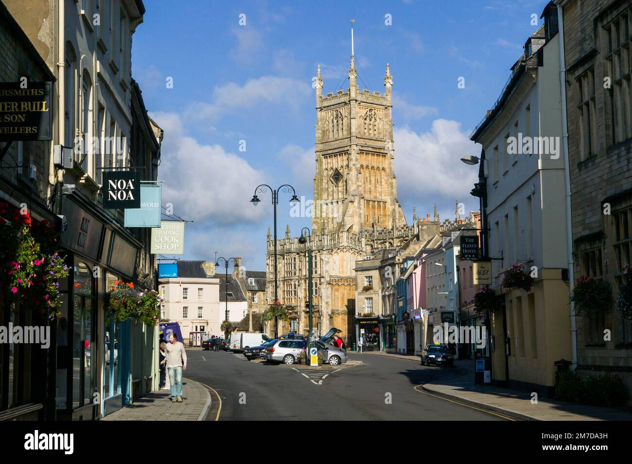 Cirencester town centre with church of St John the Baptist and the market place. Stock Photo