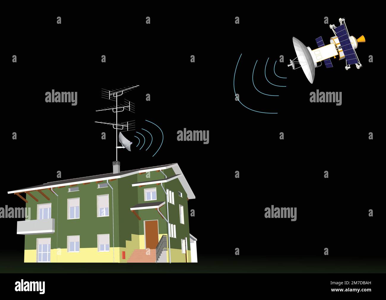 Workers work on roof. Two workers install a satellite dish on the roof. Antenna for television and internet. Service illustration Isolated on white ba Stock Vector