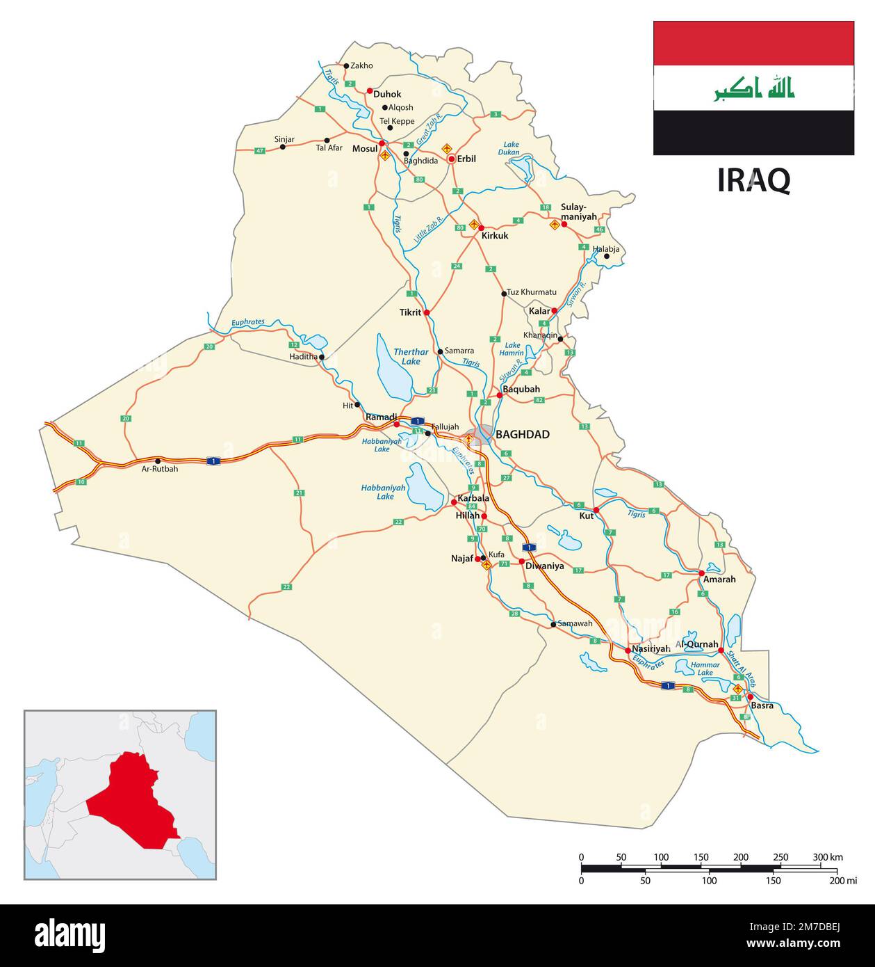 Vector road map of Iraqi Republic with flag Stock Photo